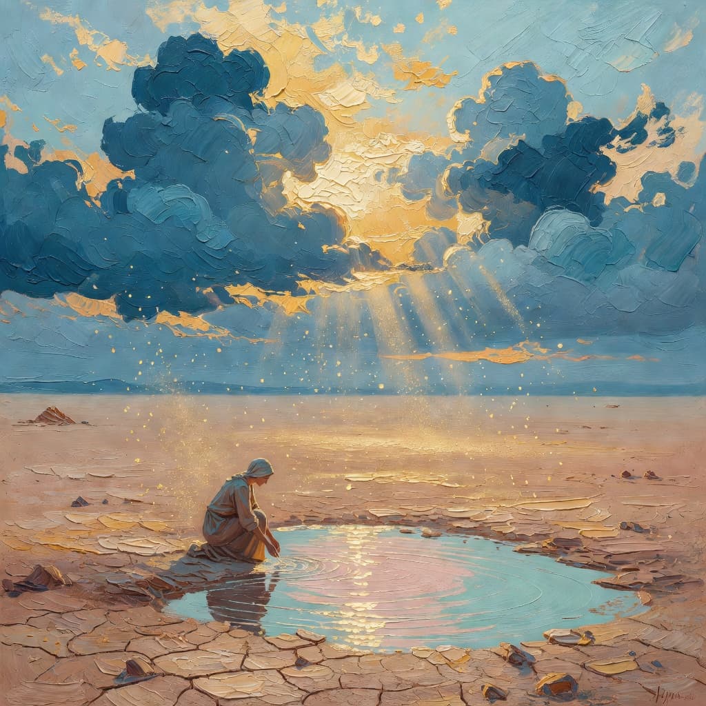 Impressionist oil painting about Thomas the Apostle with golden light and sacred clouds