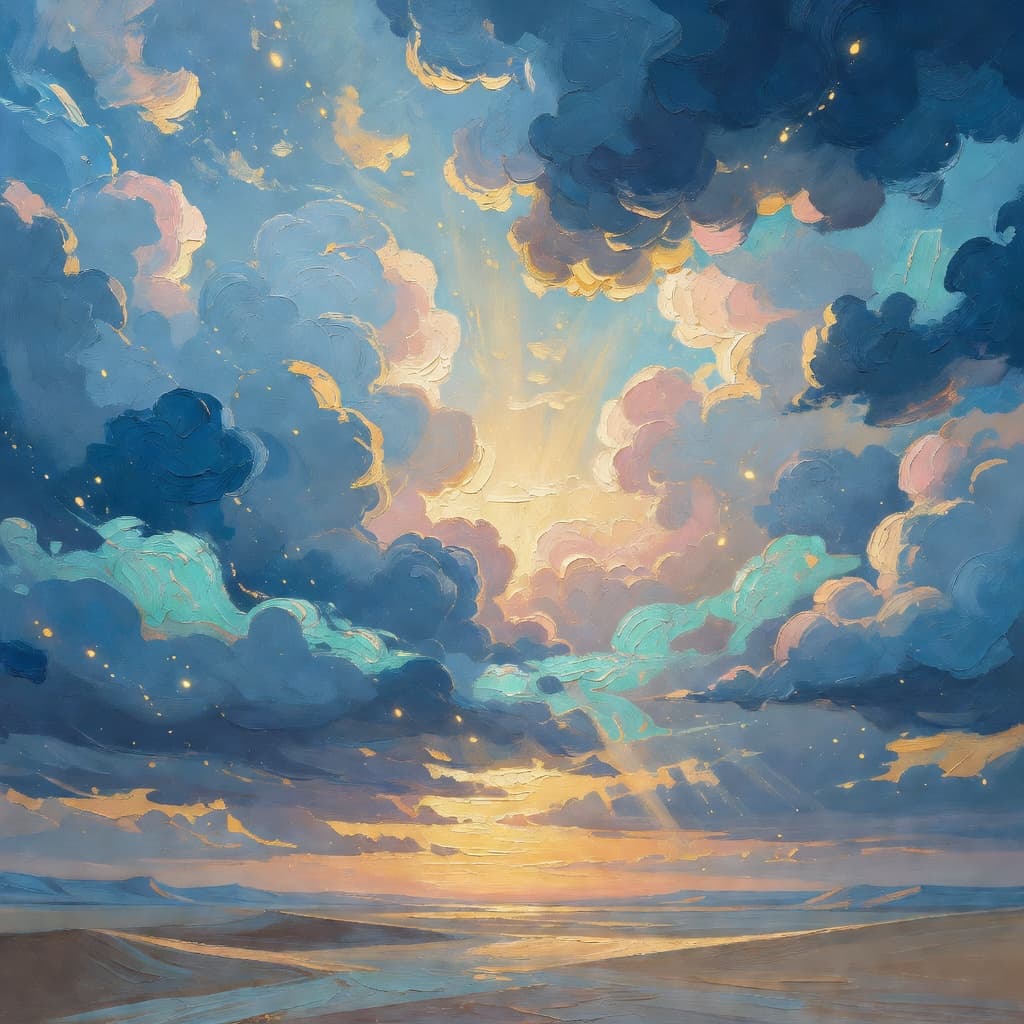 Impressionist oil painting representing martha and mary with golden light, sacred clouds, and a hopeful biblical atmosphere