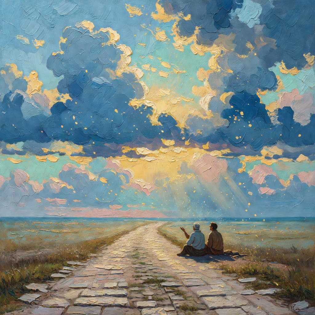 Impressionist oil painting about Priscilla and Aquila with golden light and sacred clouds