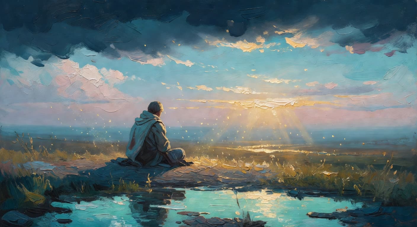 Impressionist oil painting of a peaceful figure waiting before golden light and sacred clouds