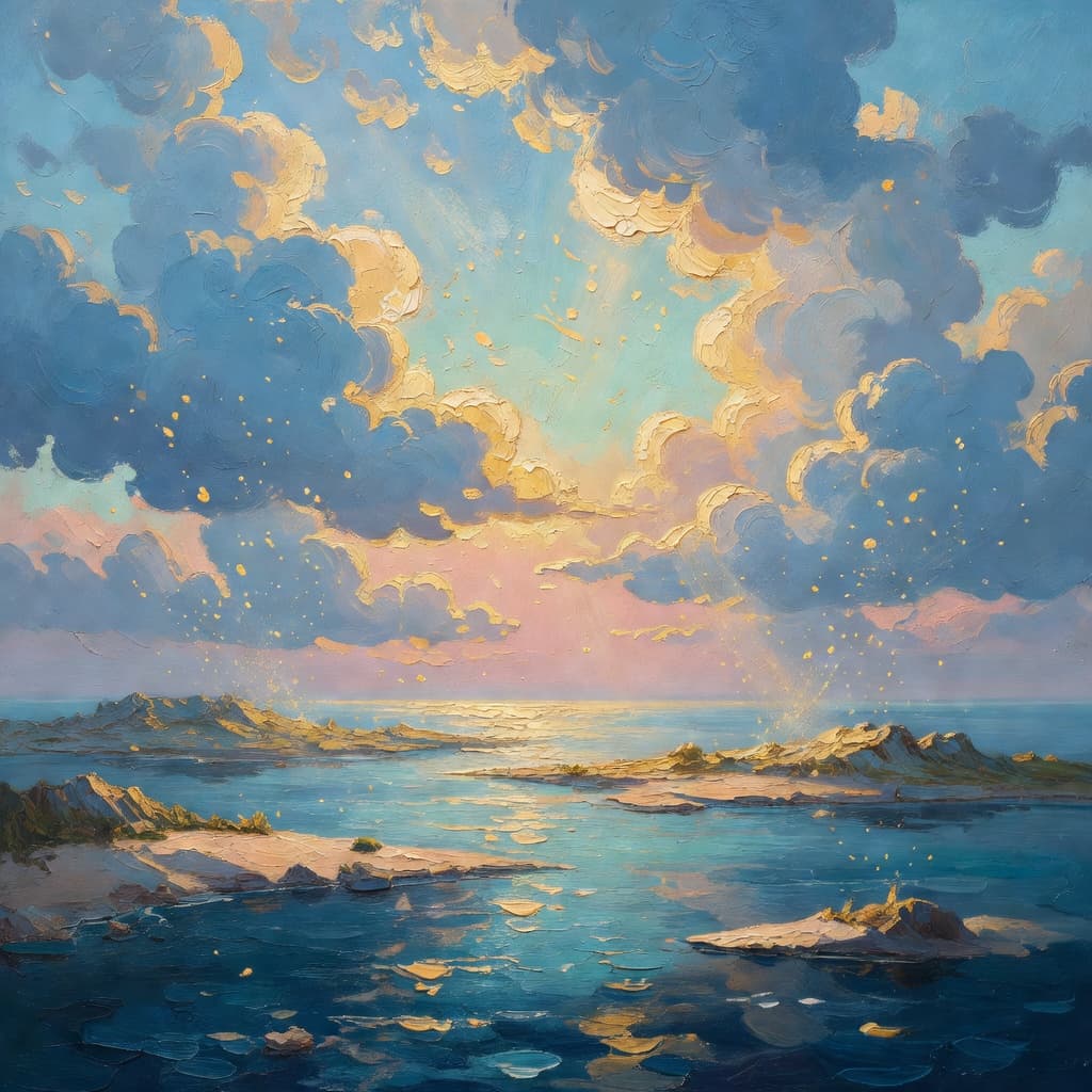 Impressionist oil painting about The Creation of the World with golden light and sacred clouds