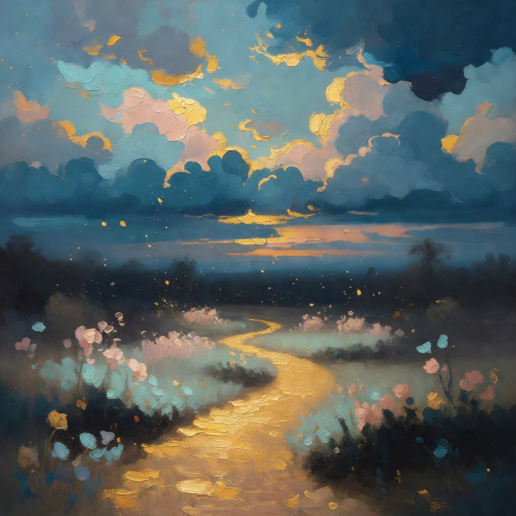 Impressionist oil painting about The Fall of Adam and Eve with golden light and sacred clouds