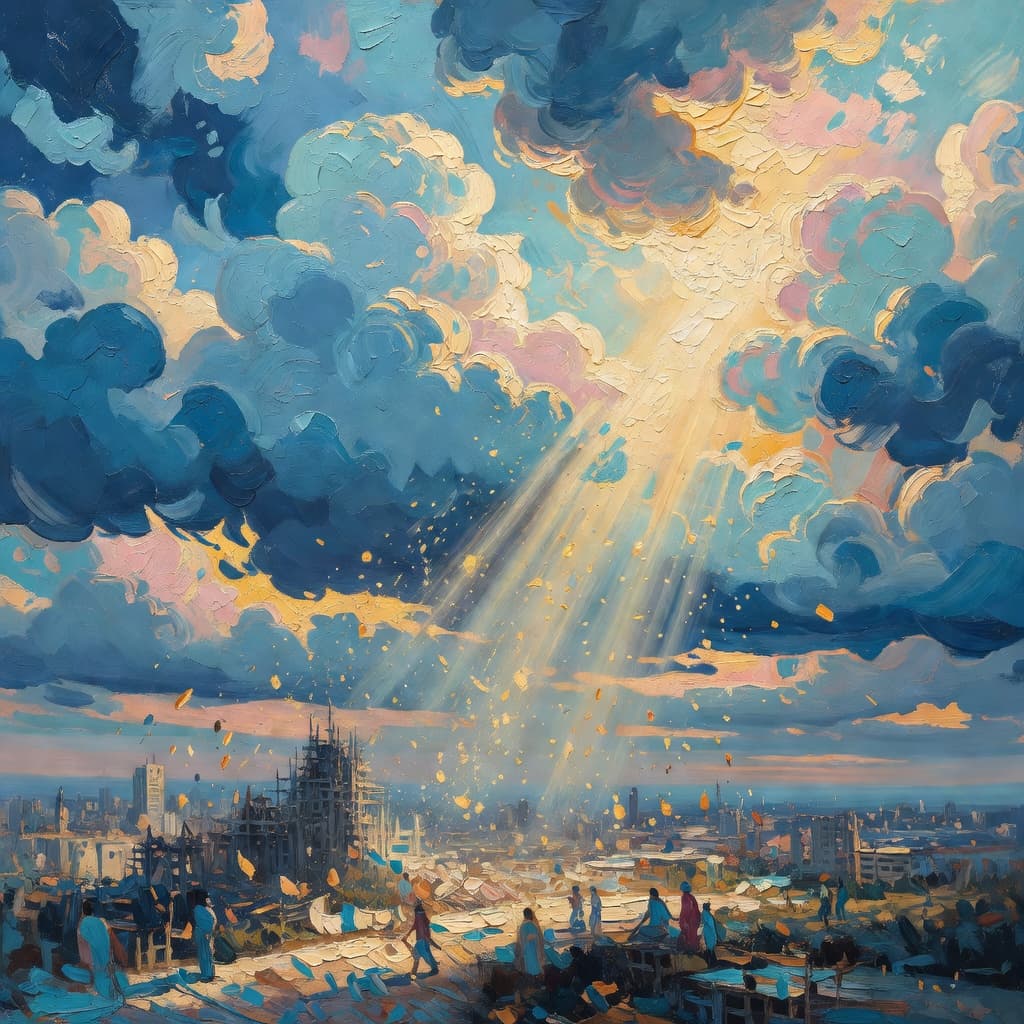 Impressionist oil painting about The Tower of Babel with golden light and sacred clouds