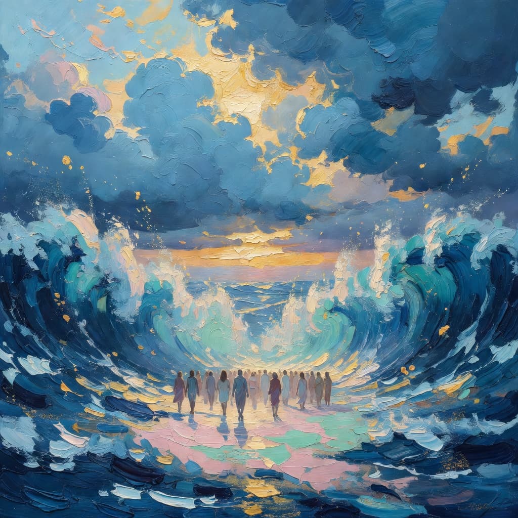 Impressionist oil painting about Crossing the Red Sea with golden light and sacred clouds