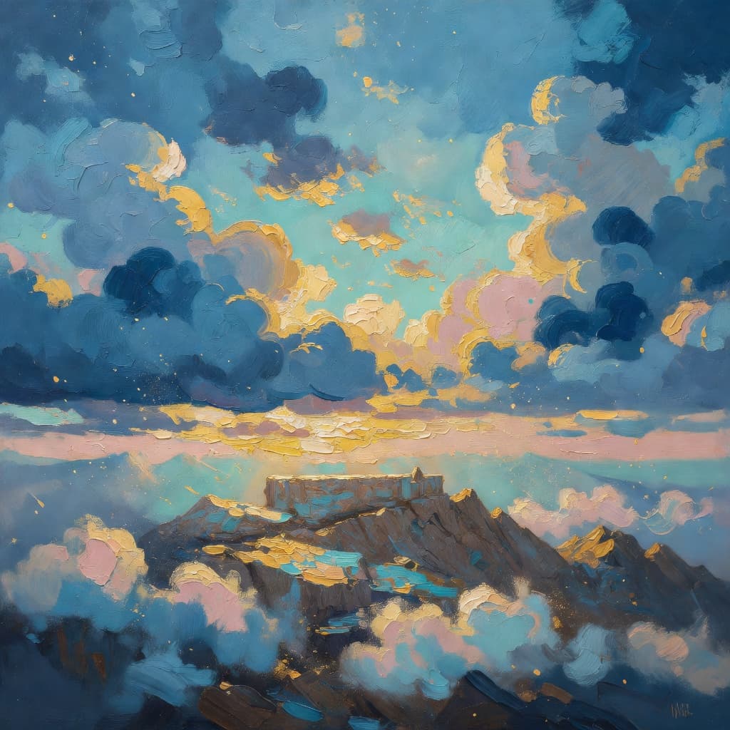 Impressionist oil painting about Abraham and the Sacrifice of Isaac with golden light and sacred clouds