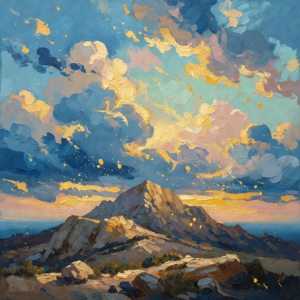 Impressionist oil painting about Abraham and the Sacrifice of Isaac with golden light and sacred clouds