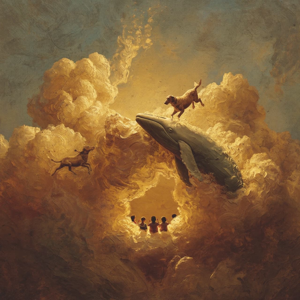 Impressionist oil painting about animated Bible stories for children with golden light and sacred clouds