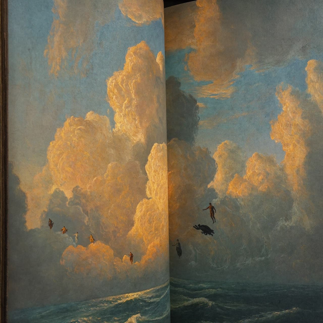 Impressionist oil painting about Bible story videos with golden light and sacred clouds
