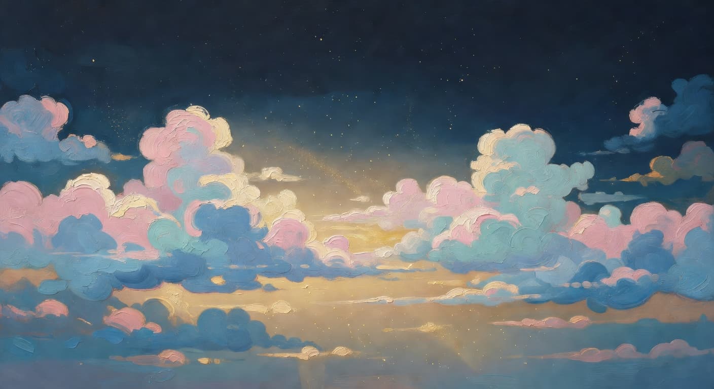 Impressionist oil painting representing before sleep with golden light and celestial sky
