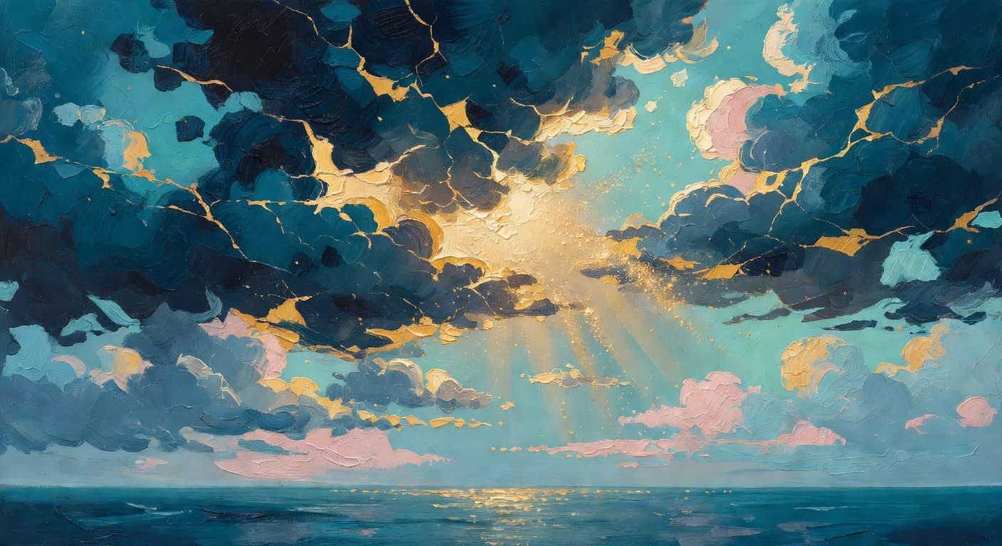 Impressionist oil painting representing broken hearts with golden light and celestial sky