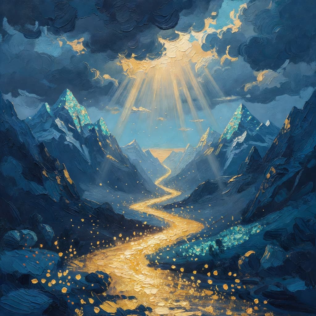 Impressionist oil painting about Finding Courage Through Scripture with golden light and sacred clouds
