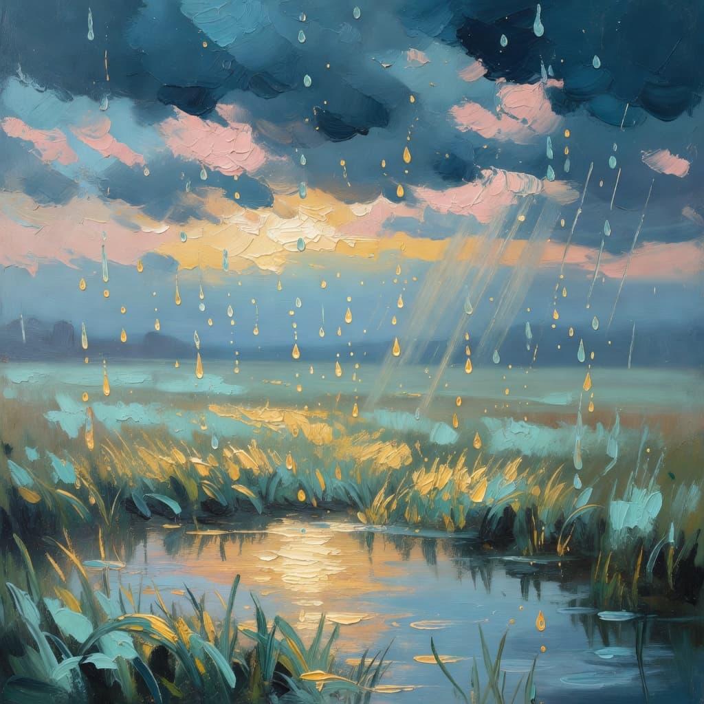 Impressionist oil painting representing difficult days with golden light and celestial sky