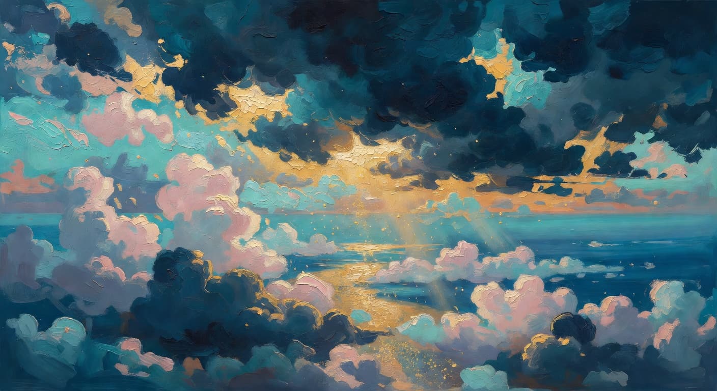 Impressionist oil painting representing ánimo with golden light and celestial sky