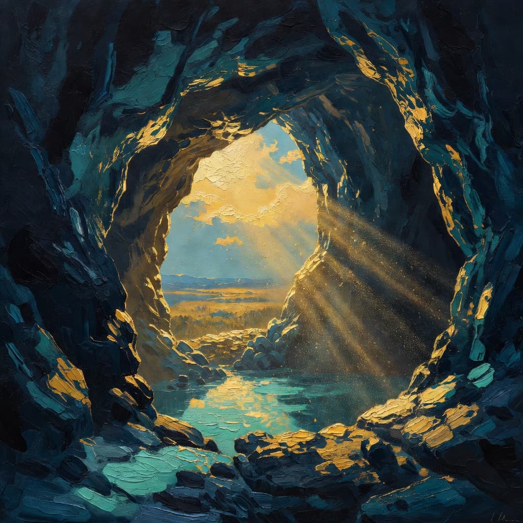 Impressionist oil painting representing feeling lost with golden light and celestial sky