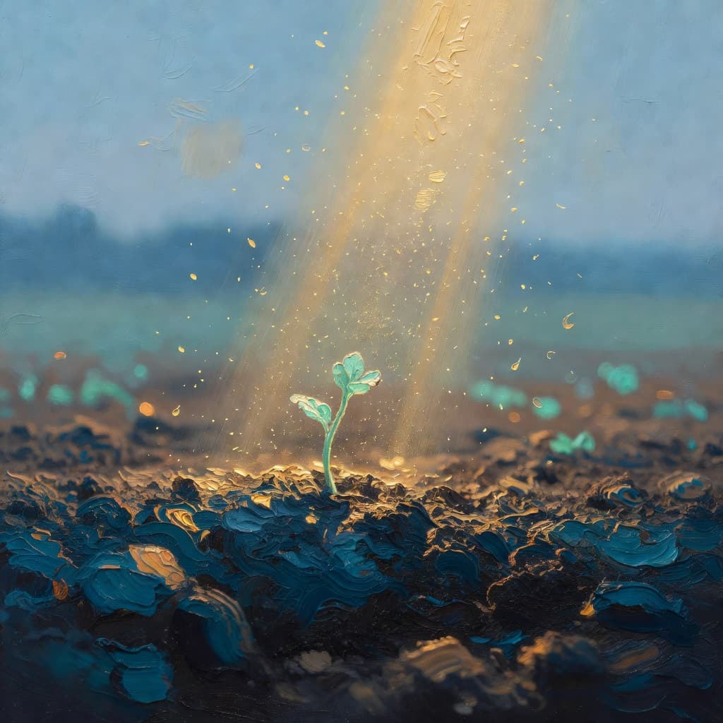 Impressionist oil painting representing feeling unworthy with golden light and celestial sky