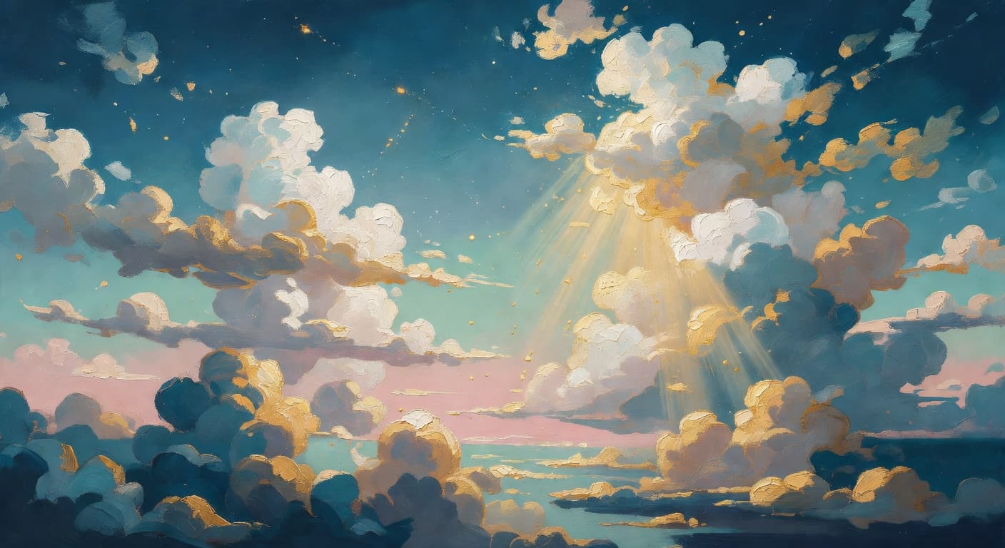 Impressionist oil painting representing God's promises with golden light and celestial sky