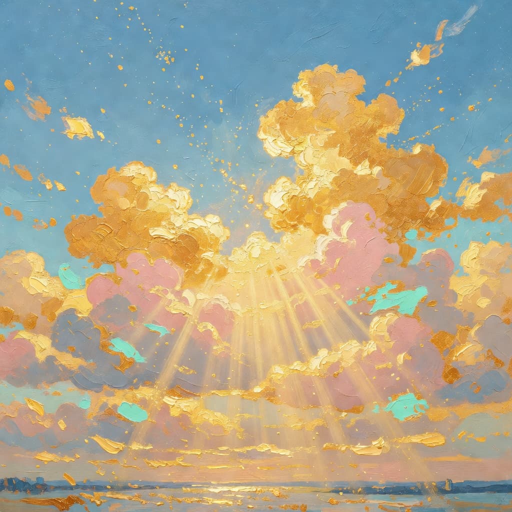 Pintura a óleo impressionista sobre A Importância da Gratidão na Bíblia com luz dourada e nuvens sagradas
