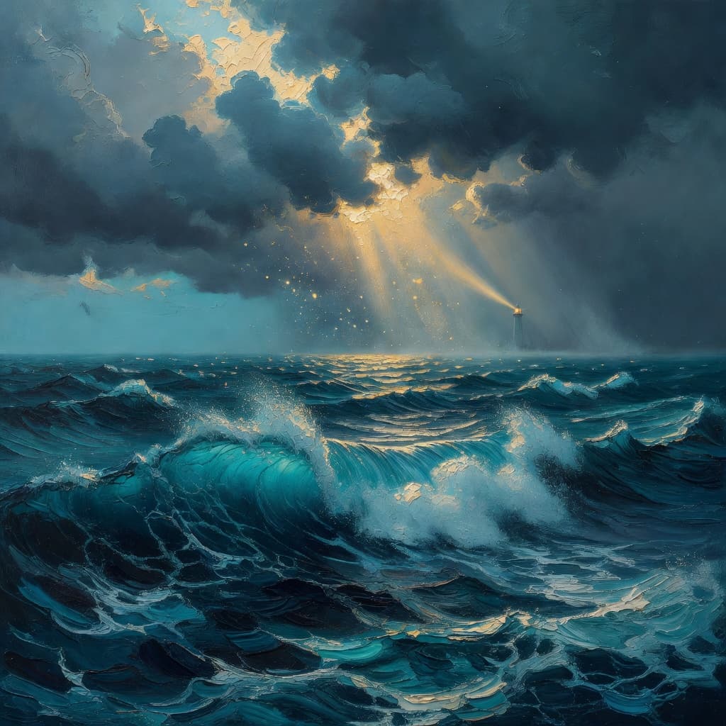 Impressionist oil painting representing hard times with golden light and celestial sky