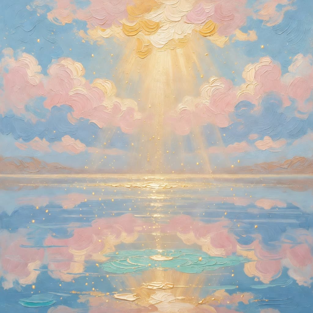 Pintura a óleo impressionista sobre Versículos Bíblicos sobre Cura com luz dourada e nuvens sagradas