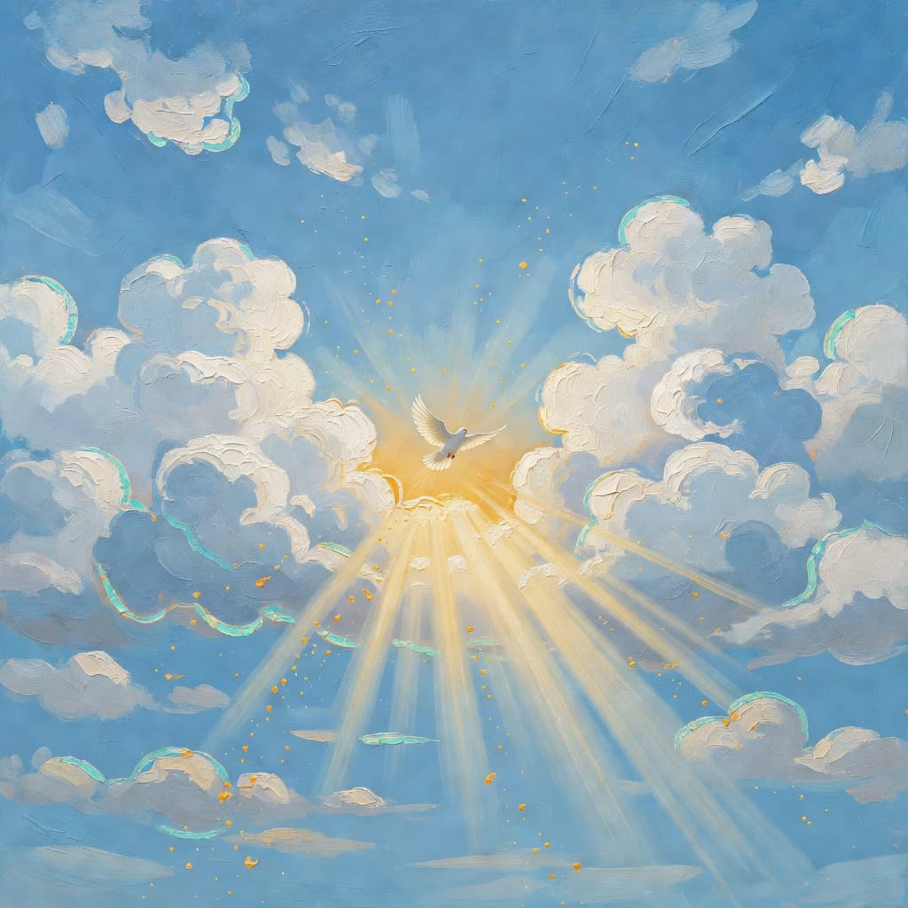 Impressionist oil painting about Finding Hope in Scripture with golden light and sacred clouds