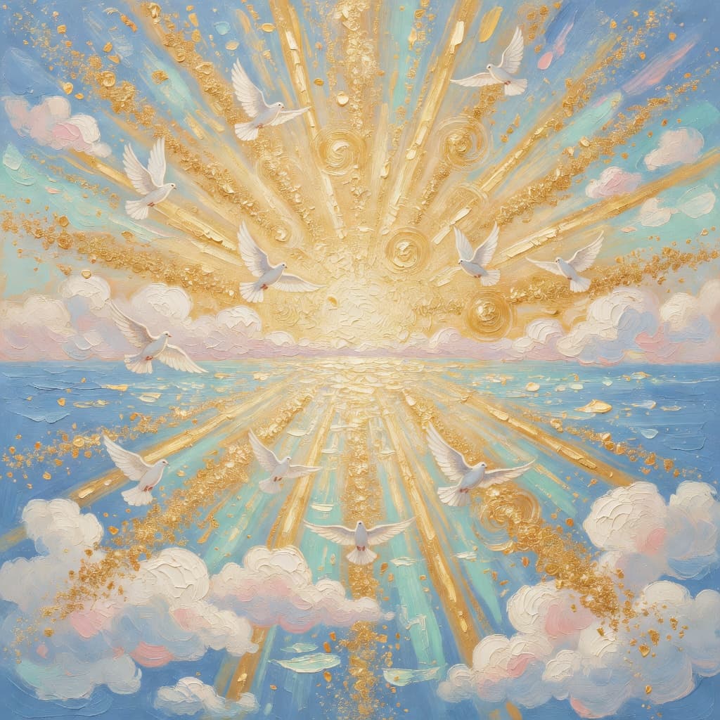 Pintura al óleo impresionista sobre El Gozo en la Biblia con luz dorada y nubes sagradas