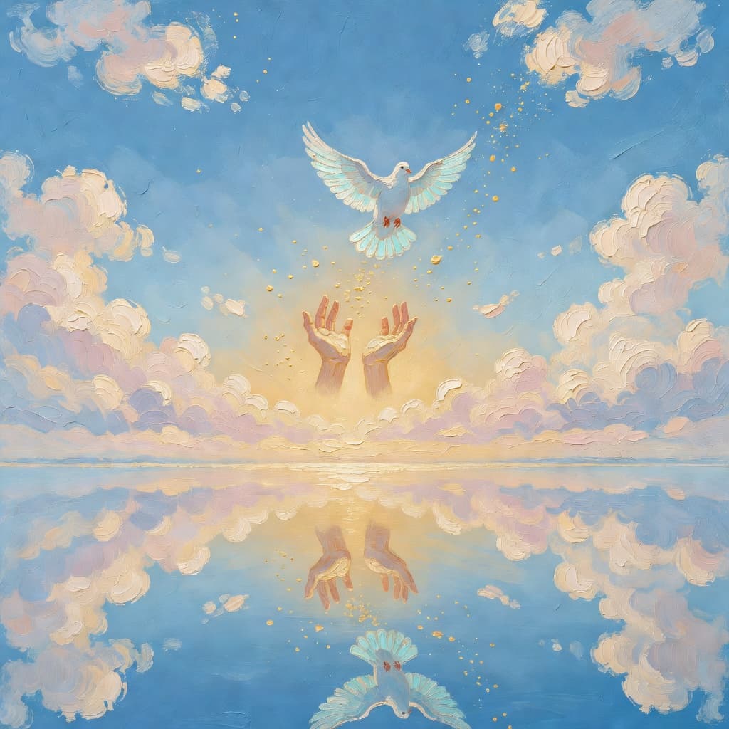 Impressionist oil painting representing letting go with golden light and celestial sky