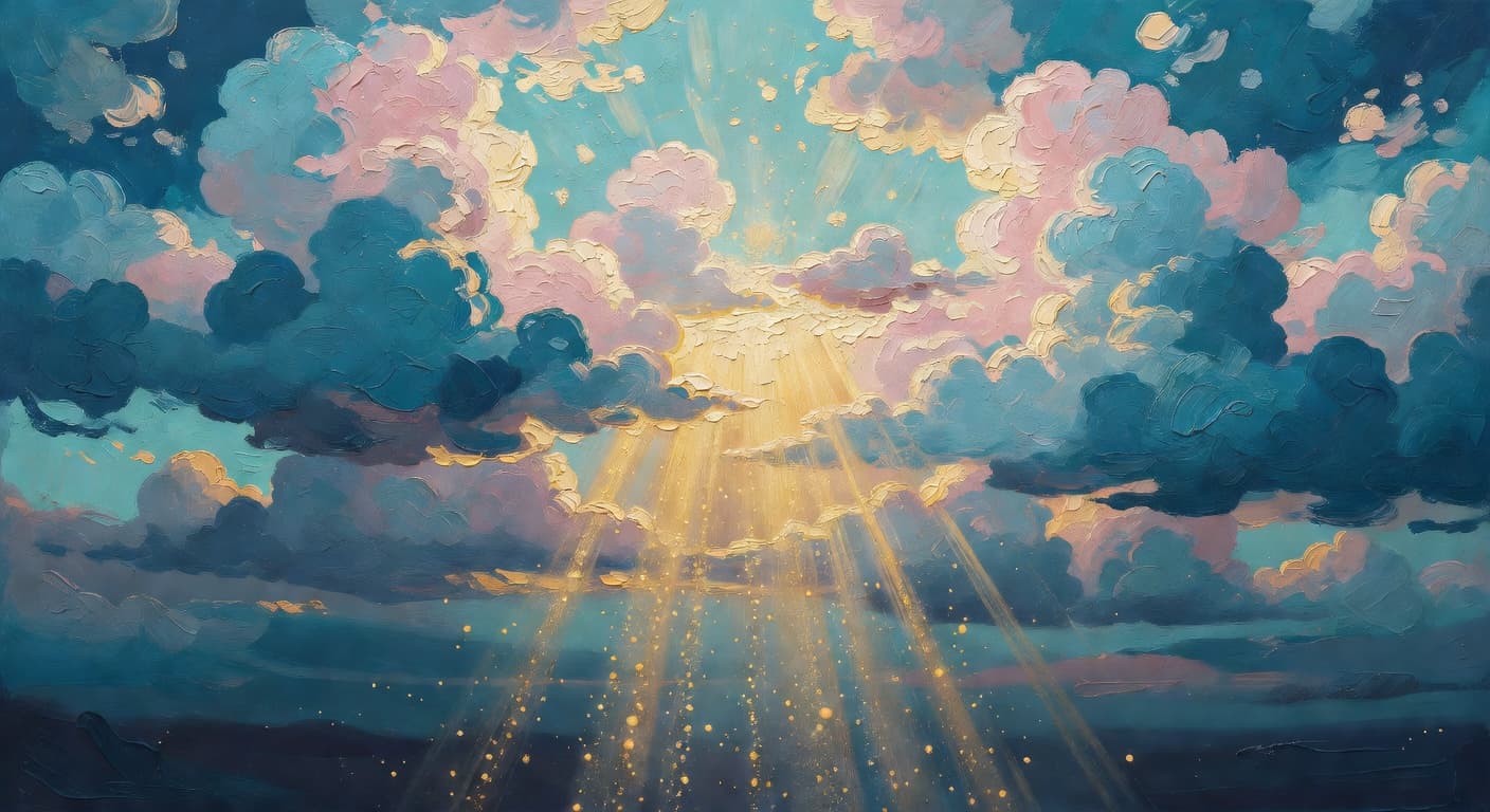 Impressionist oil painting representing mercy with golden light and celestial sky