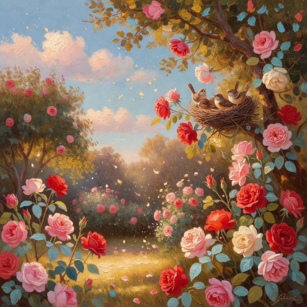 Impressionist oil painting representing madres with golden light and celestial sky