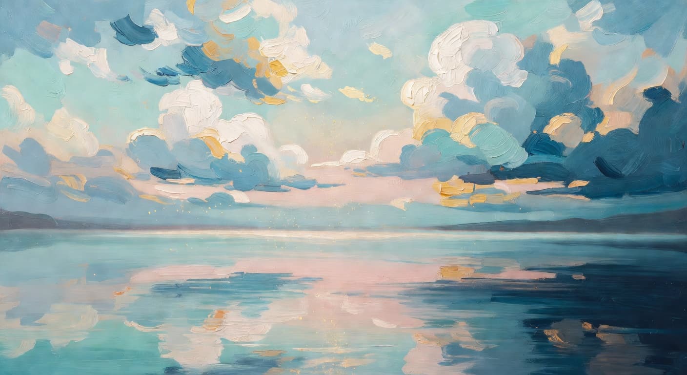 Impressionist oil painting representing rest with golden light and celestial sky