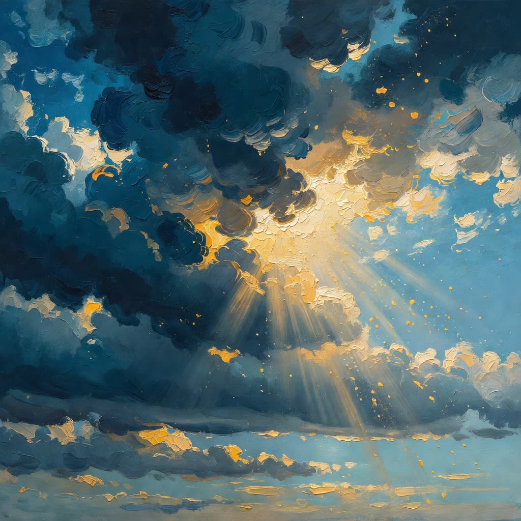 Impressionist oil painting about Finding Strength in Scripture with golden light and sacred clouds