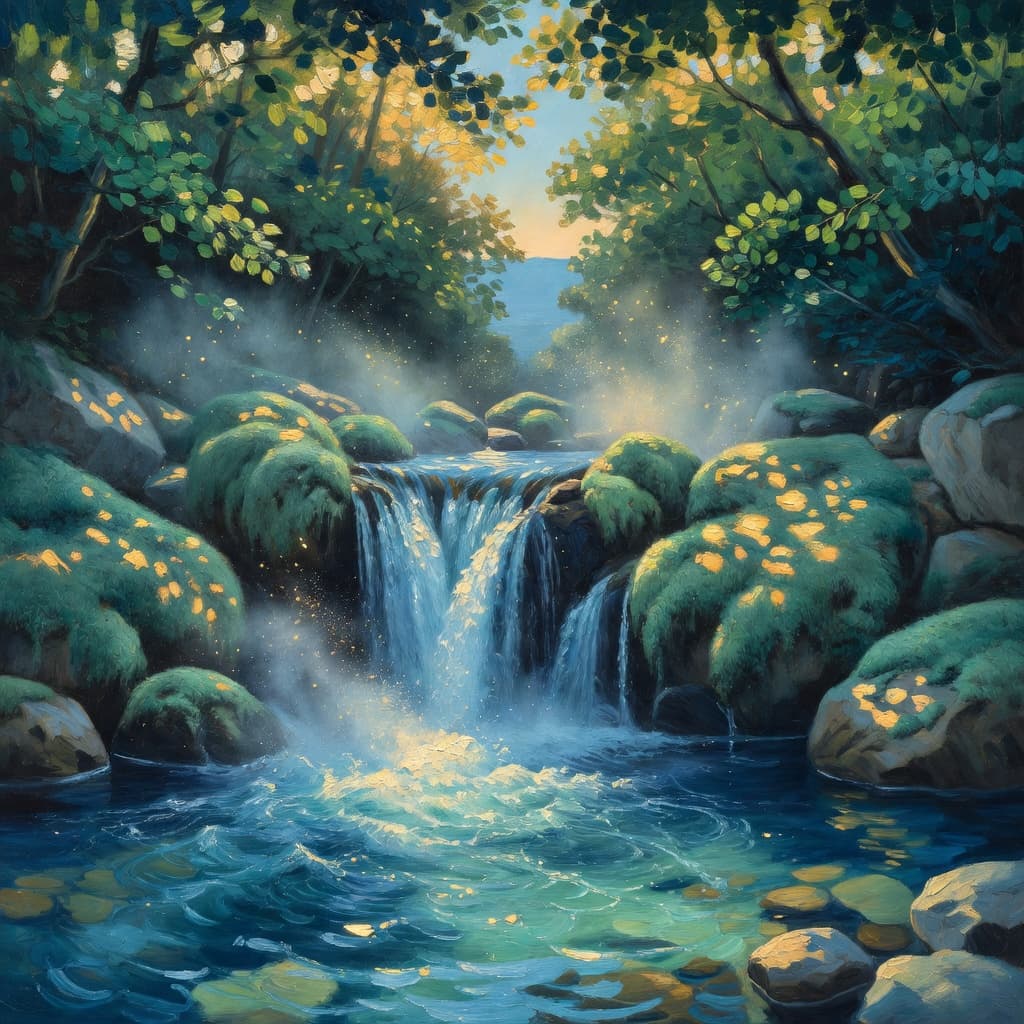 Impressionist oil painting representing transformation with golden light and celestial sky