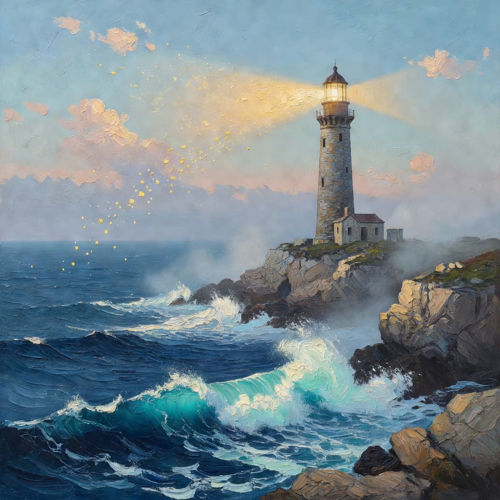 Impressionist oil painting representing confiar no plano de deus with golden light and celestial sky