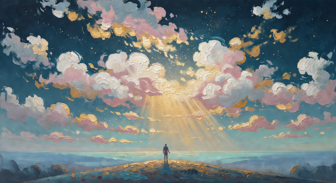 Impressionist oil painting representing waiting on god with golden light and celestial sky