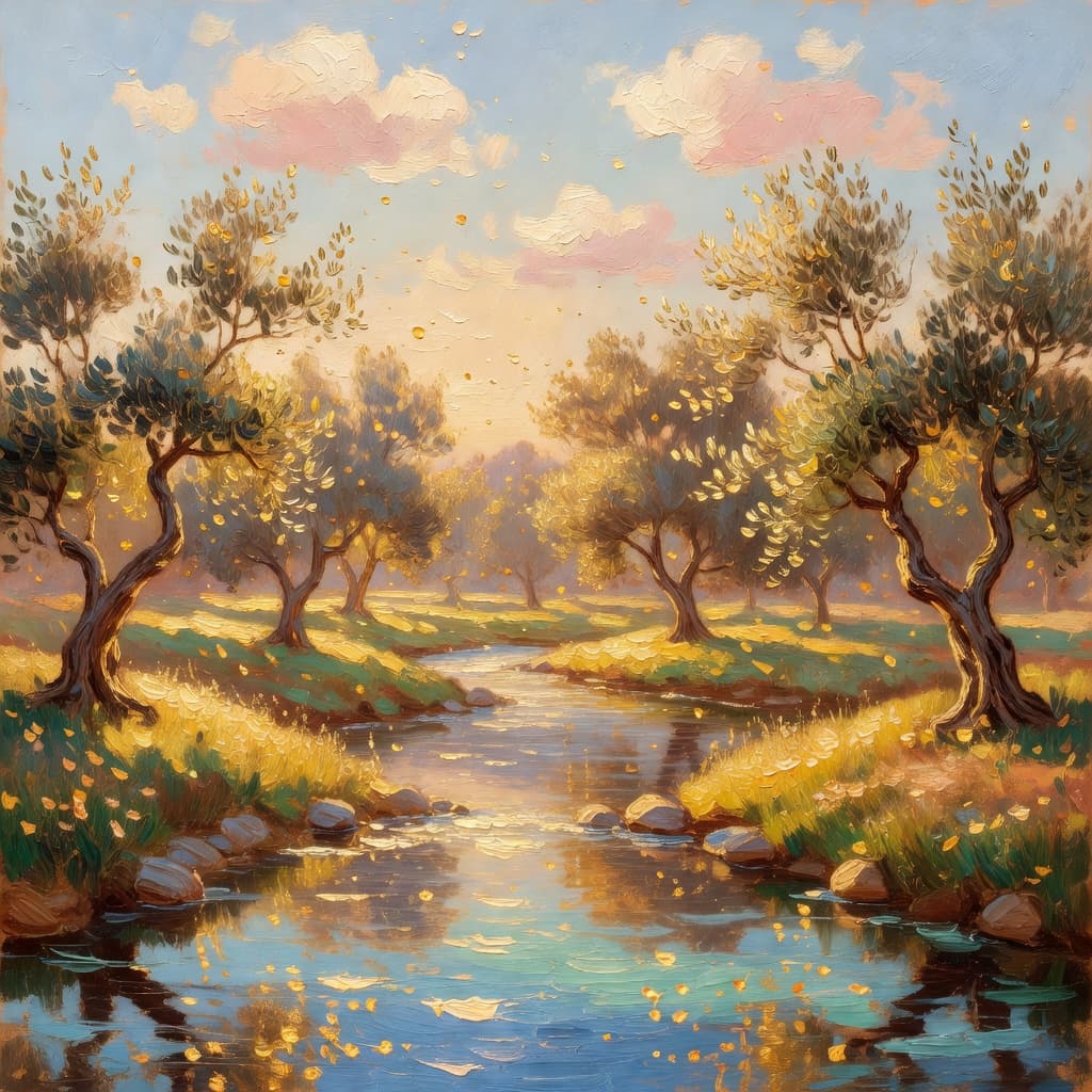 Impressionist oil painting representing women with golden light and celestial sky