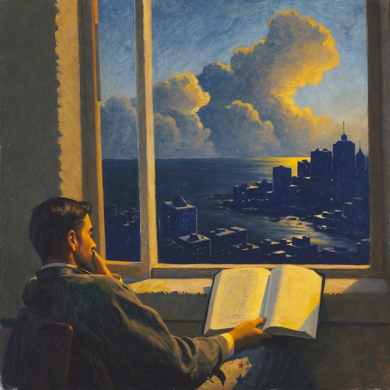 Impressionist oil painting about an adult watching cinematic Bible videos with golden light and sacred clouds
