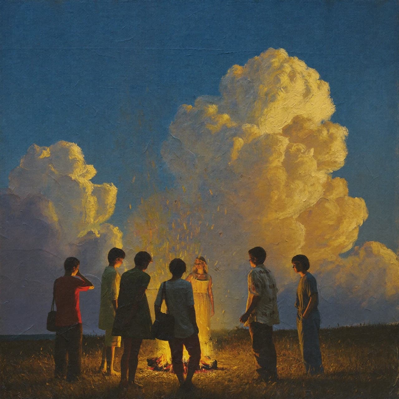 Impressionist oil painting about young people gathering around Scripture with golden light and sacred clouds
