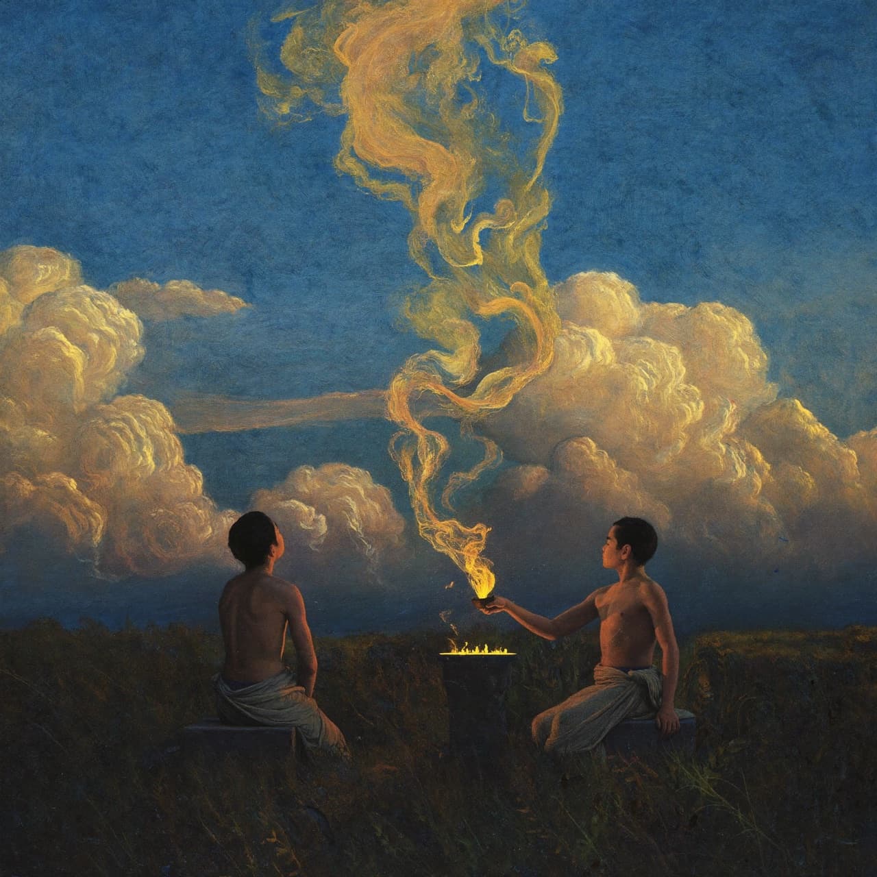 Impressionist oil painting about Cain and Abel with golden light and sacred clouds