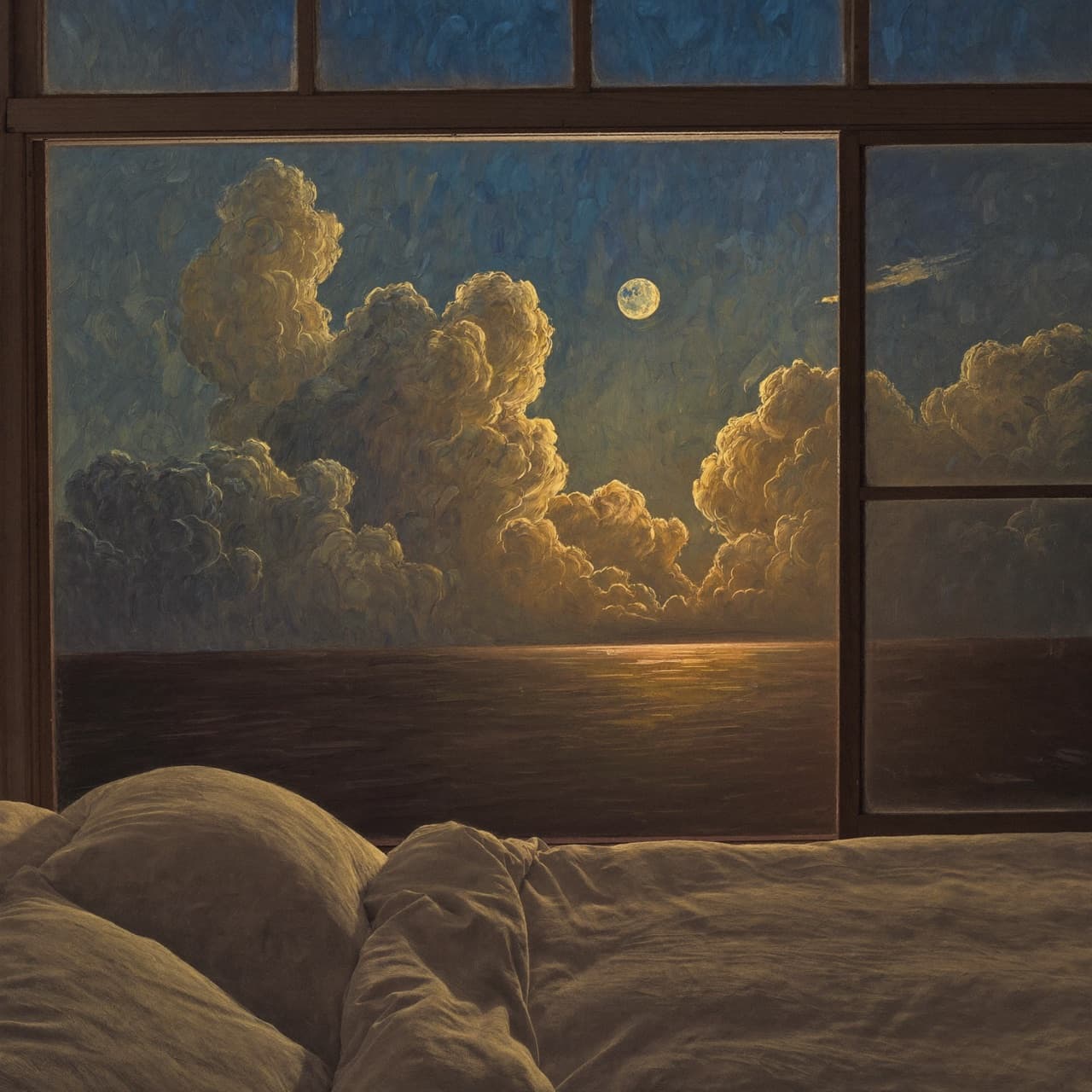 Impressionist oil painting about peaceful rest under God's care at night with golden light and sacred clouds