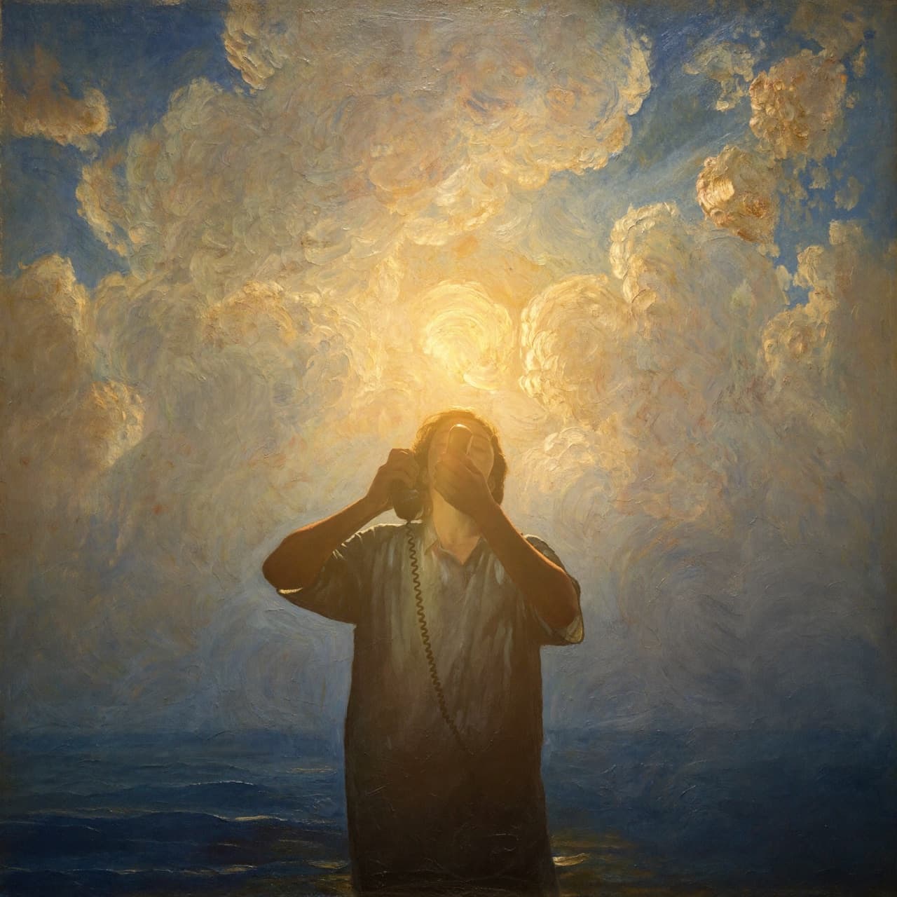 Impressionist oil painting about finding peace from screens with golden light and sacred clouds