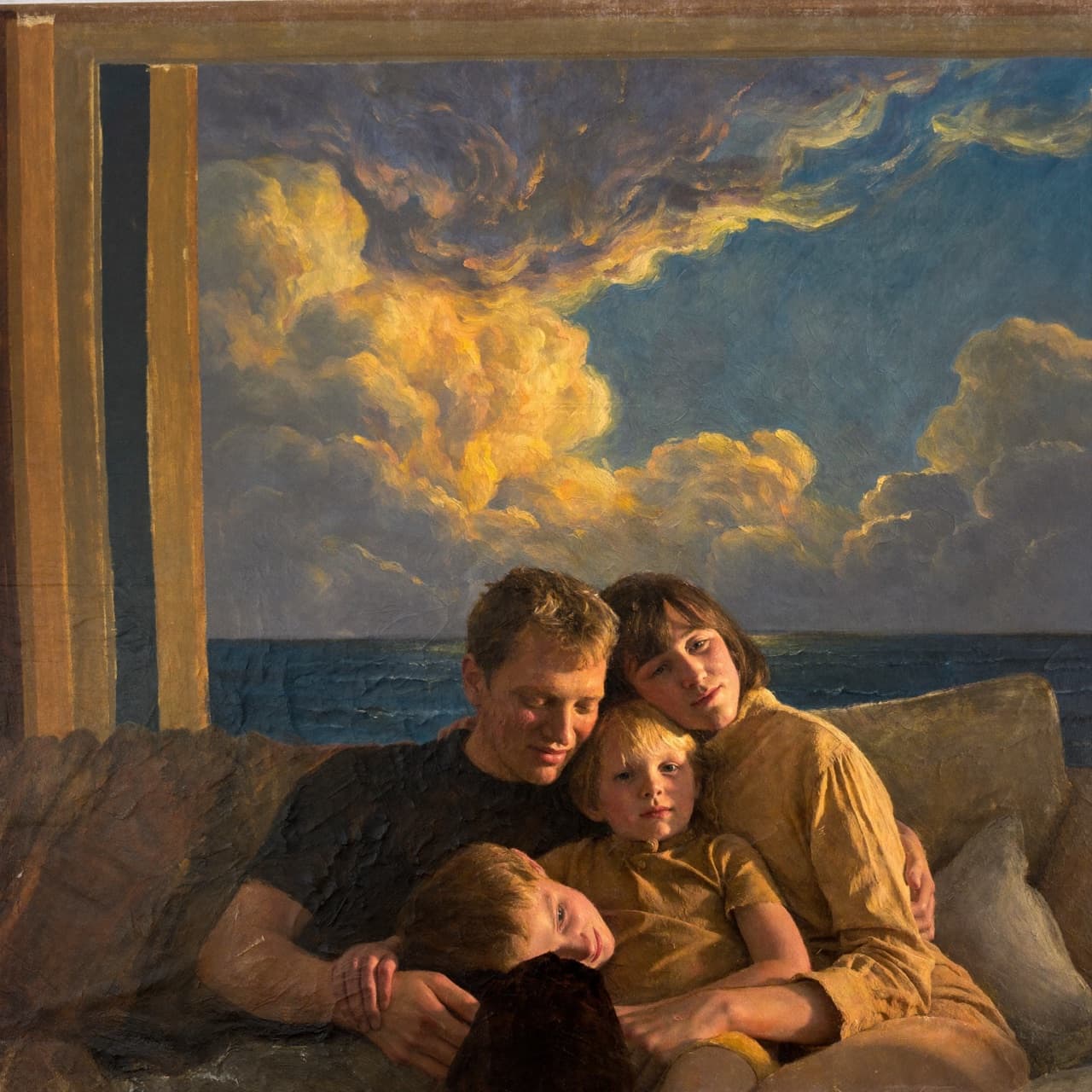 Impressionist oil painting about a Christian family watching videos together with golden light and sacred clouds