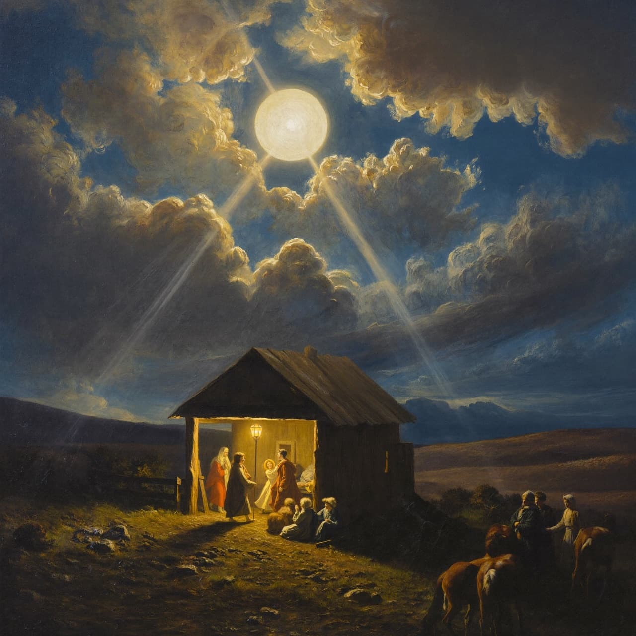 Impressionist oil painting about the nativity of Jesus with golden light and sacred clouds