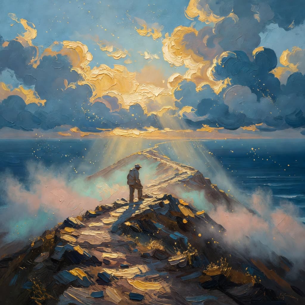 Impressionist oil painting of a difficult climb turning hopeful with golden light and sacred clouds