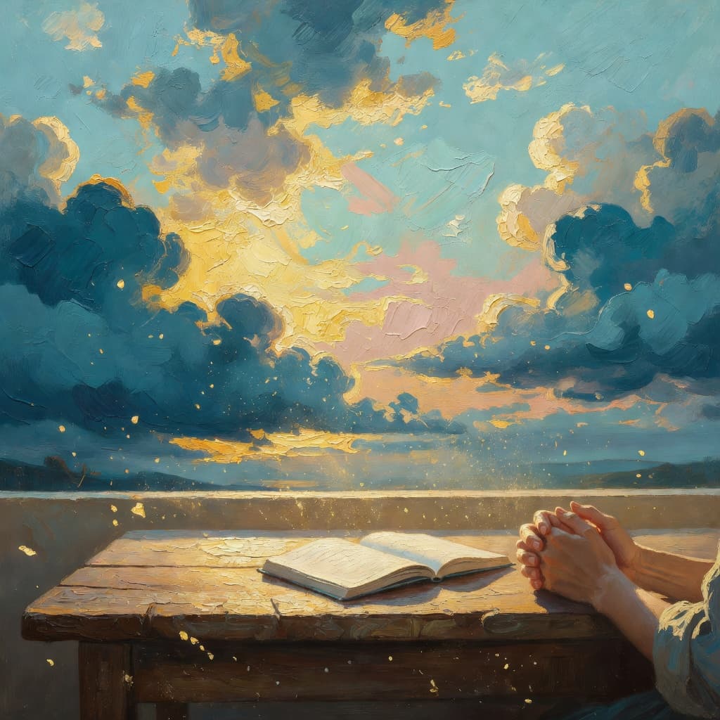 Impressionist oil painting of biblical gratitude with golden light and sacred clouds