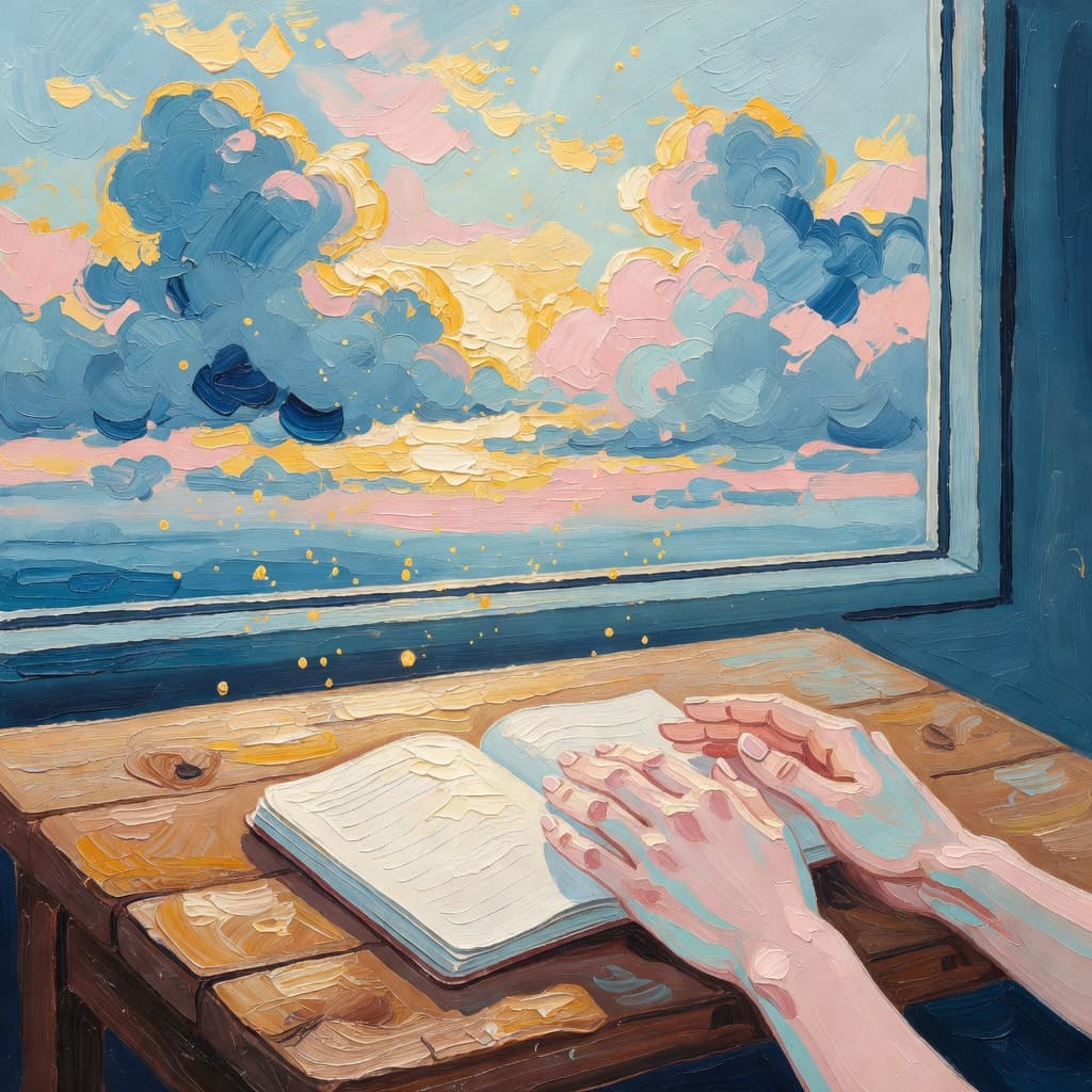 Impressionist oil painting of biblical gratitude with golden light and sacred clouds