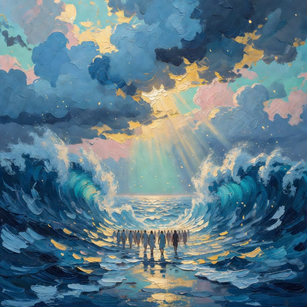 Impressionist oil painting about Crossing the Red Sea with golden light and sacred clouds