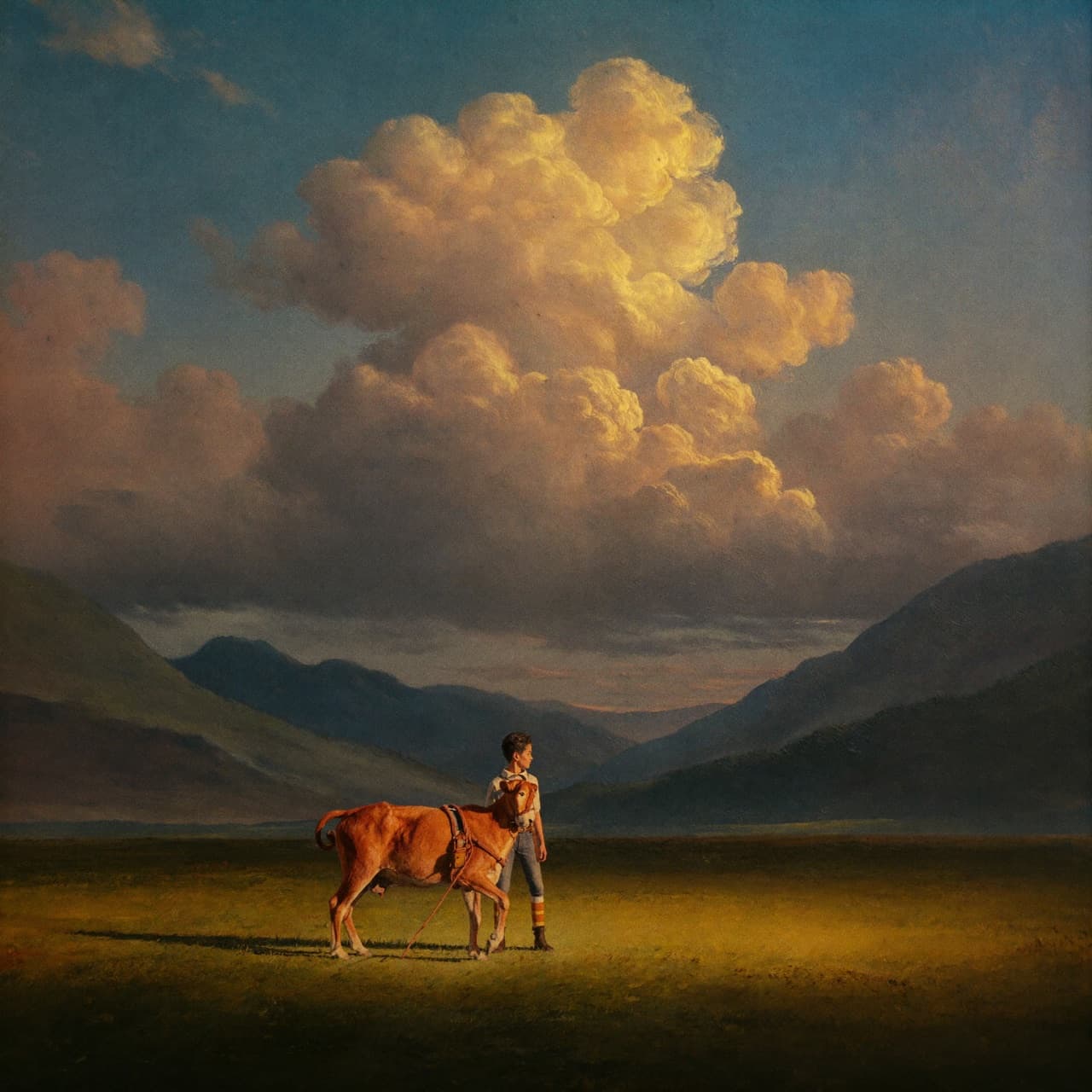 Impressionist oil painting about David facing Goliath with golden light and sacred clouds
