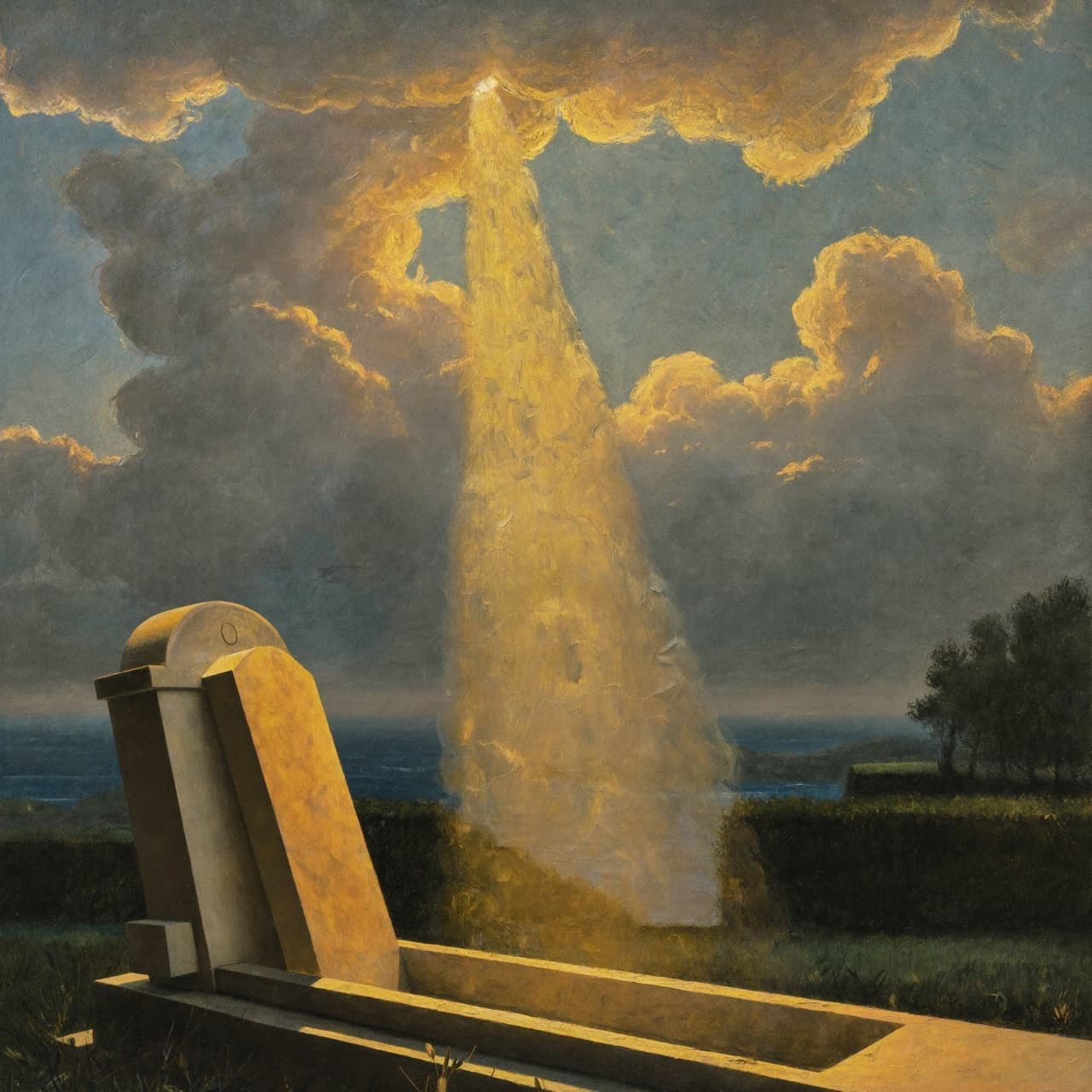 Impressionist oil painting about the Easter story with golden light and sacred clouds