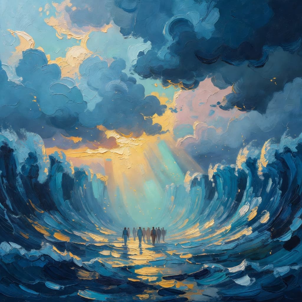 Impressionist oil painting about Crossing the Red Sea with golden light and sacred clouds