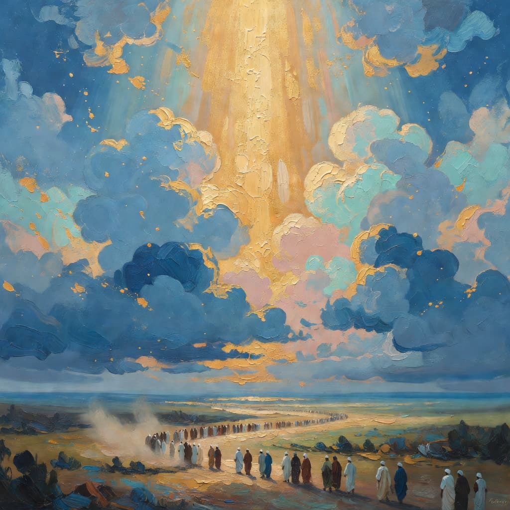 Impressionist oil painting about The Exodus from Egypt with golden light and sacred clouds