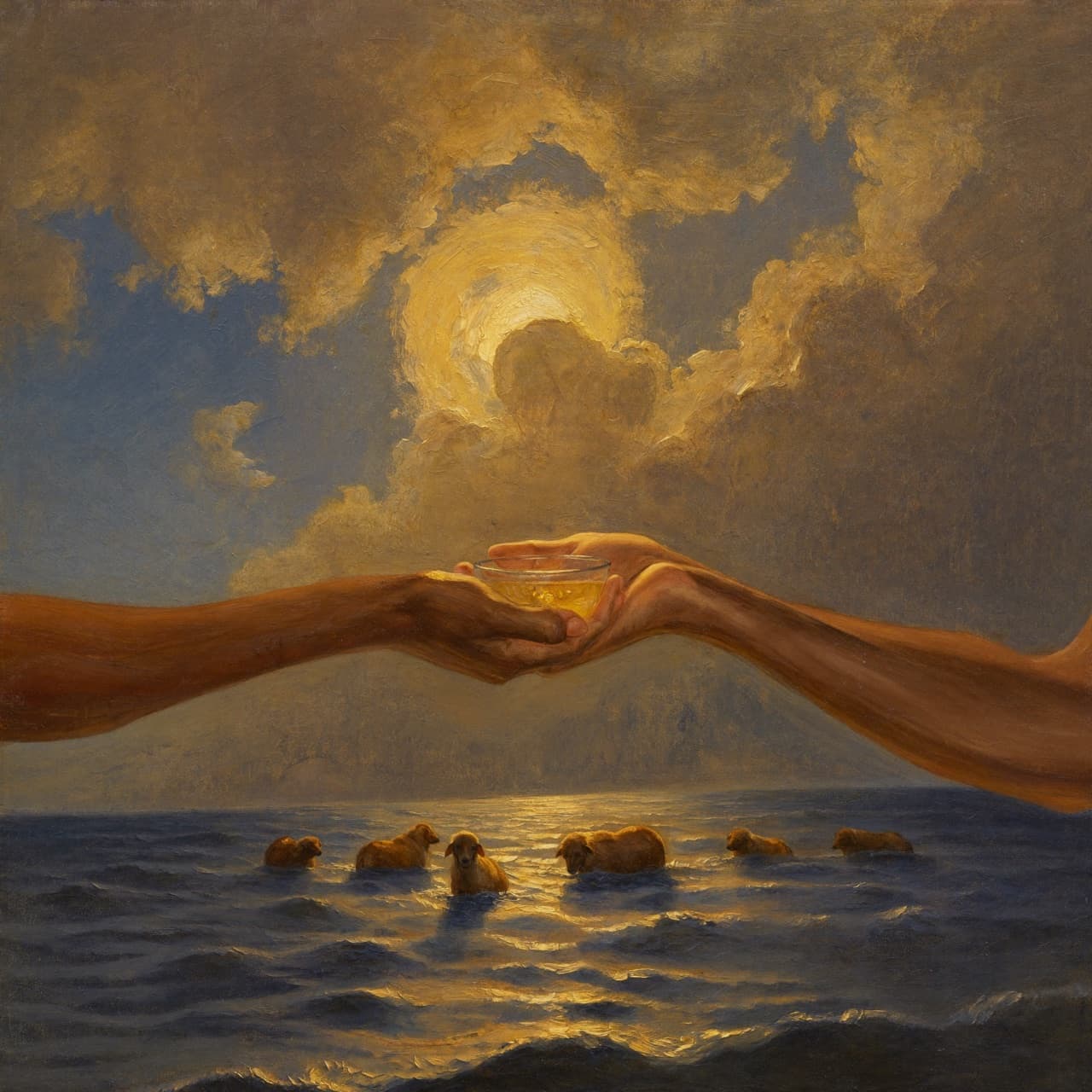 Impressionist oil painting about watching free Bible videos with golden light and sacred clouds